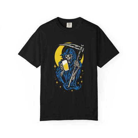 Death Drinks Beer Under The Moon Funny Graphic T-Shirt