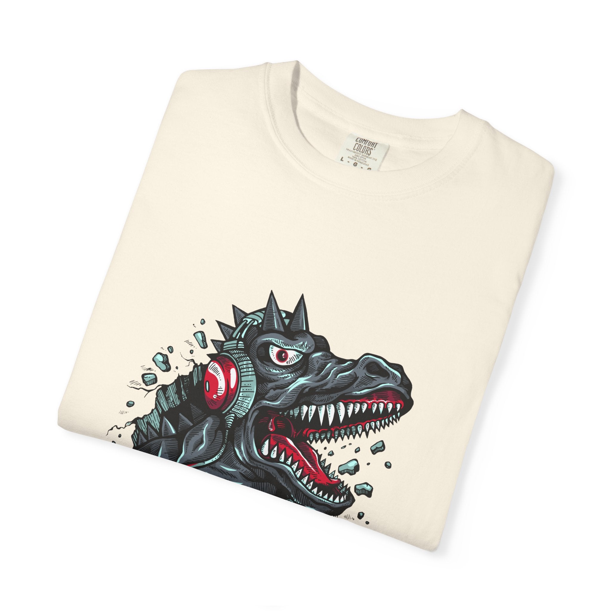 Dinosaur with Headphones Breaking Wall Graphic Design T-Shirt - Sinful Threads