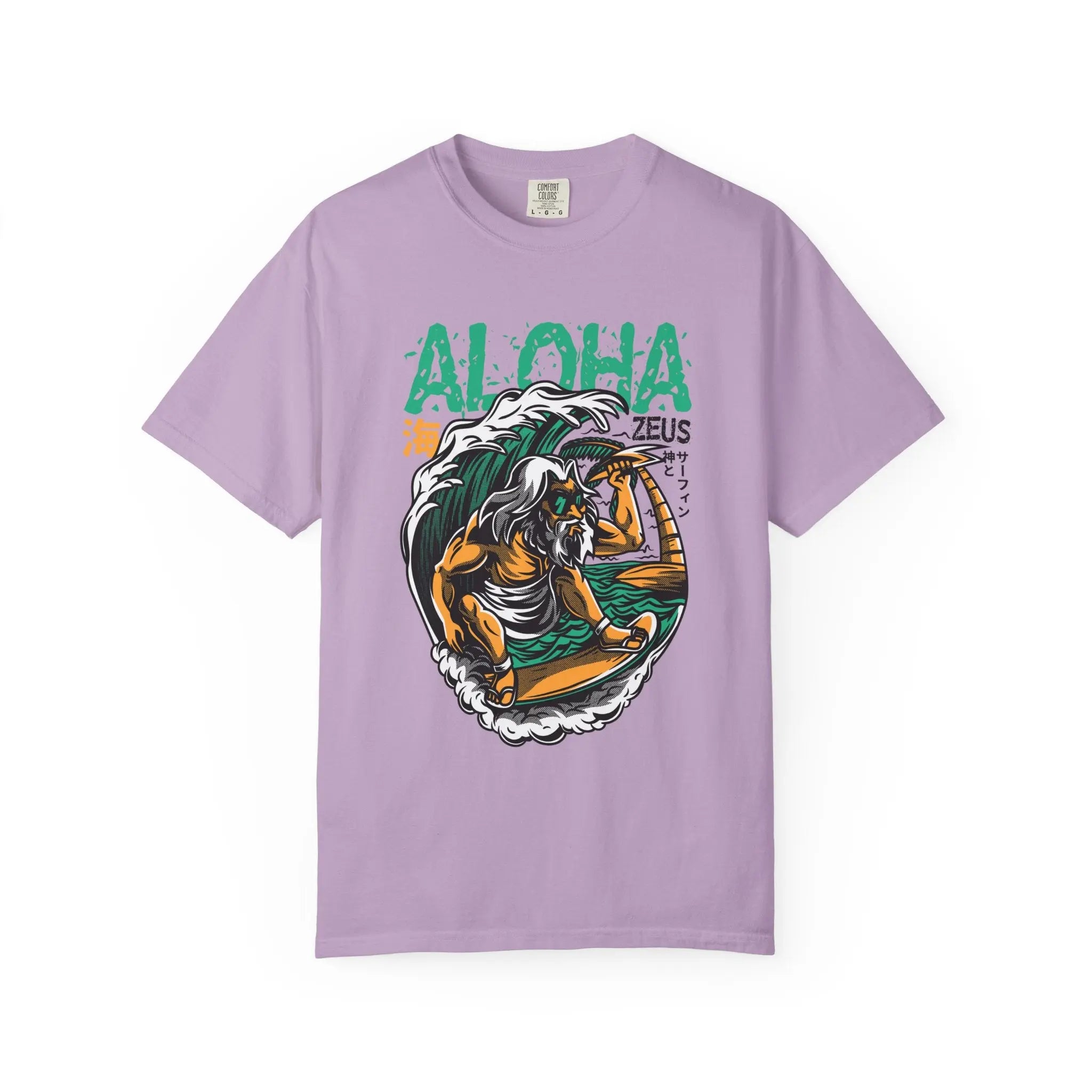 Zeus Surfing Illustration Graphic Design Aloha Text T-Shirt - Sinful Threads