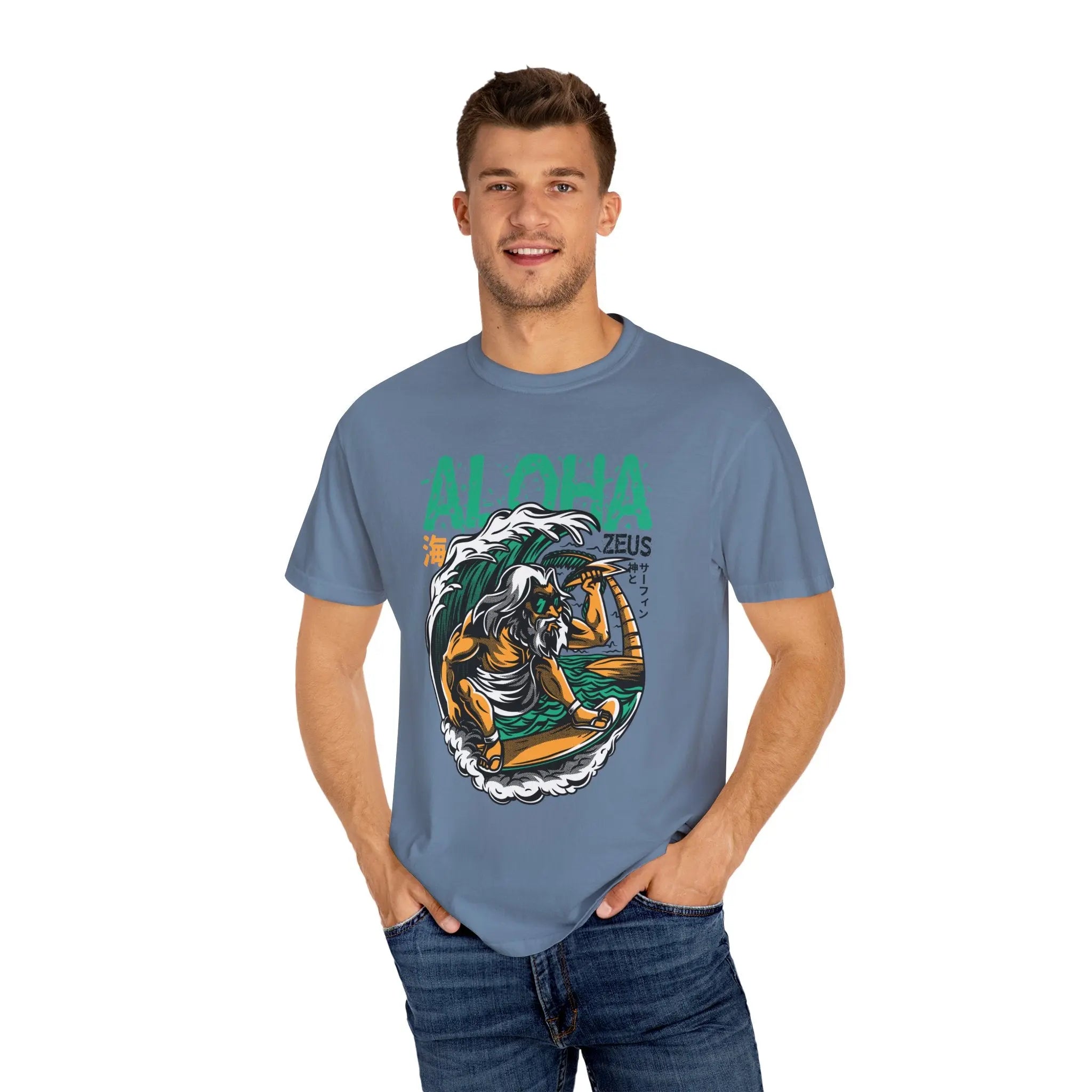 Zeus Surfing Illustration Graphic Design Aloha Text T-Shirt - Sinful Threads