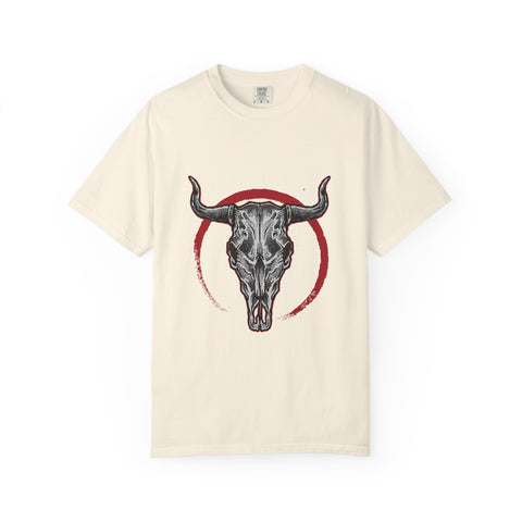 Intricate Bull Skull Design with Red Circle T-Shirt