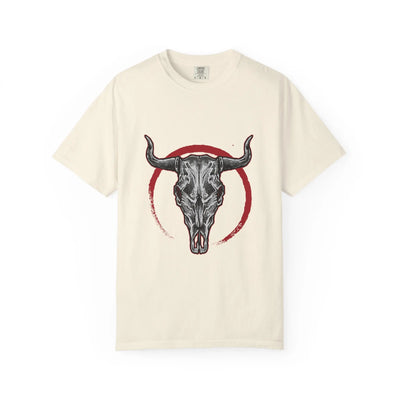 Intricate Bull Skull Design with Red Circle T-Shirt - Sinful Threads