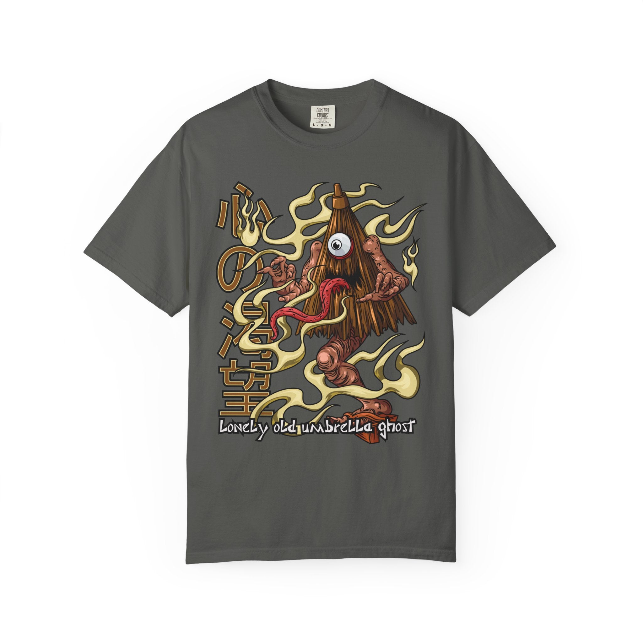 Gray t-shirt with a graphic design of kasa obake umbrella ghost and flames on a white background