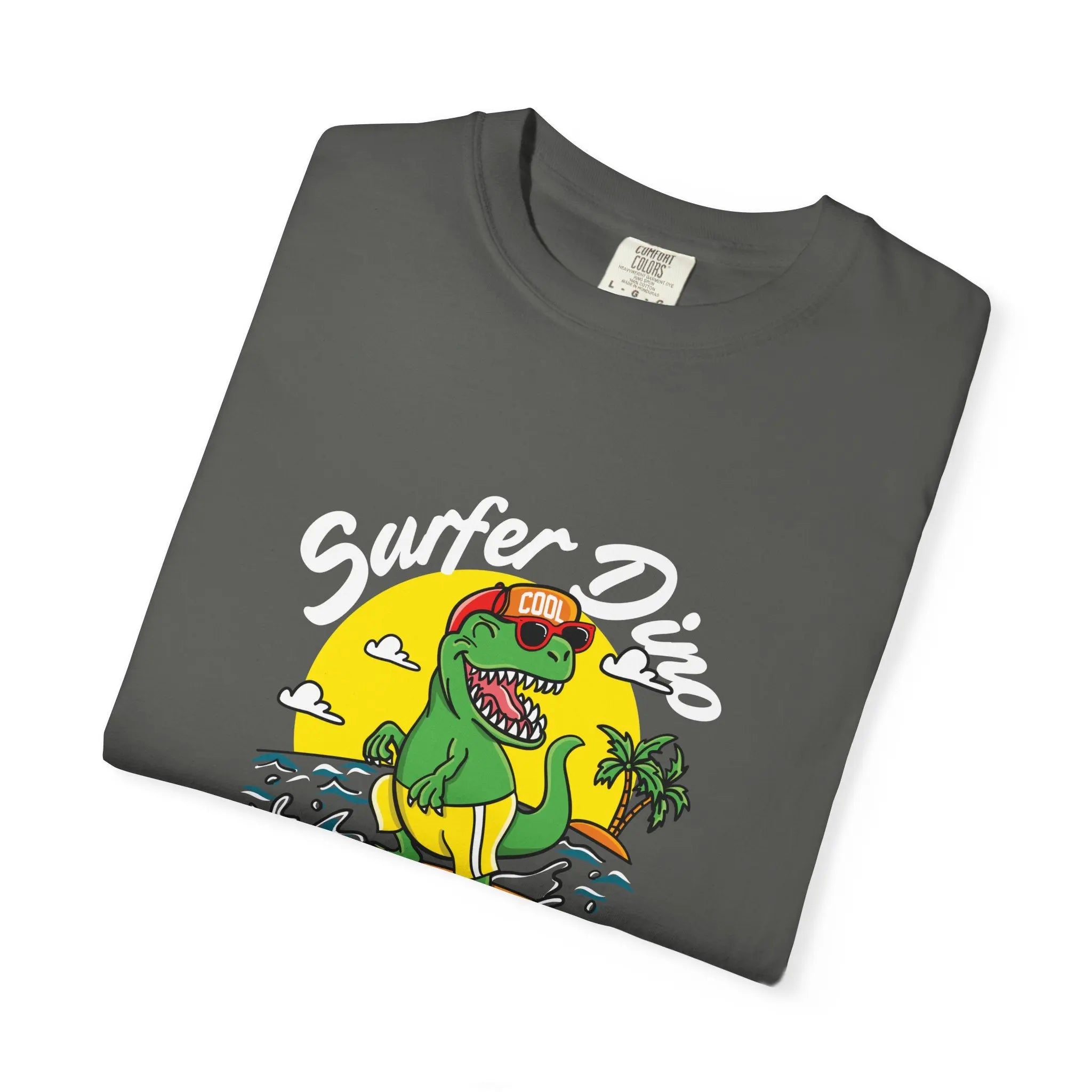California Dream Surfing Dinosaur In Waves With Palm Tree Graphic T-Shirt - Sinful Threads