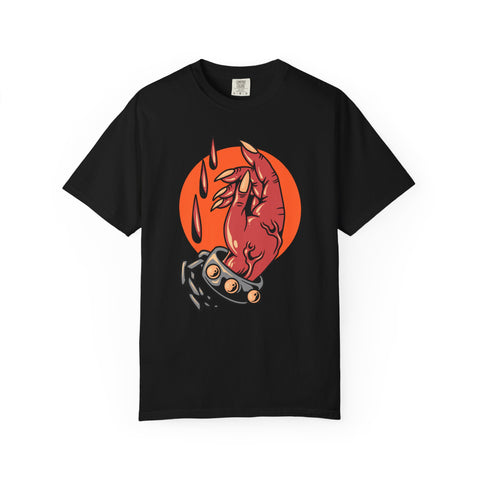 Black t-shirt with a red and orange graphic design on a white background