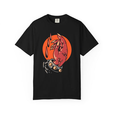 Black t-shirt with a red and orange graphic design on a white background