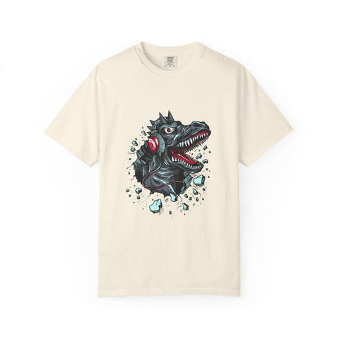 Dinosaur with Headphones Breaking Wall Graphic Design T-Shirt - Sinful Threads