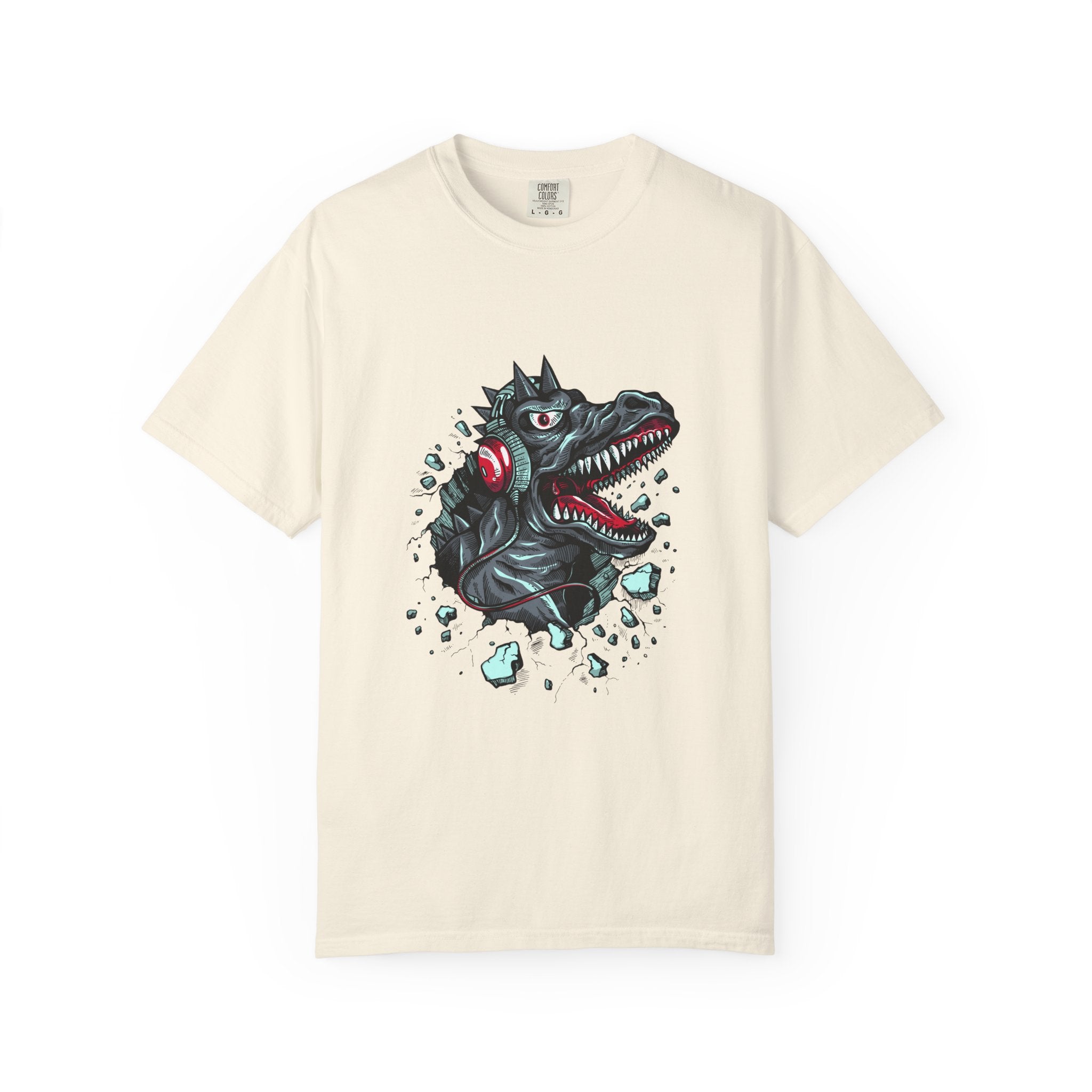 Dinosaur with Headphones Breaking Wall Graphic Design T-Shirt - Sinful Threads
