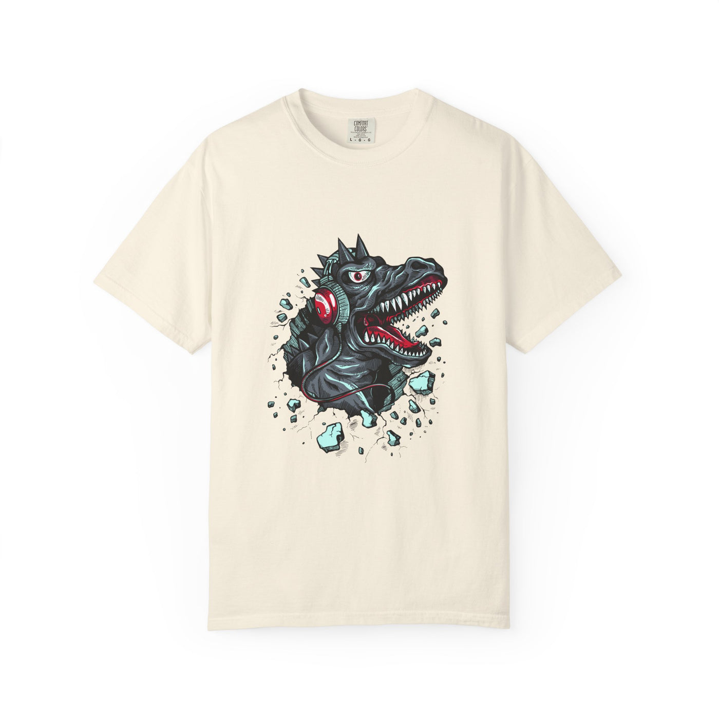 Dinosaur with Headphones Breaking Wall Graphic Design T-Shirt - Sinful Threads