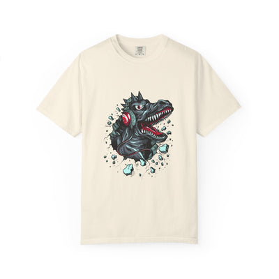 Dinosaur with Headphones Breaking Wall Graphic Design T-Shirt - Sinful Threads