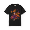 Black t-shirt with Halloween-themed graphic and text 'Ready to Haunt' on a white background