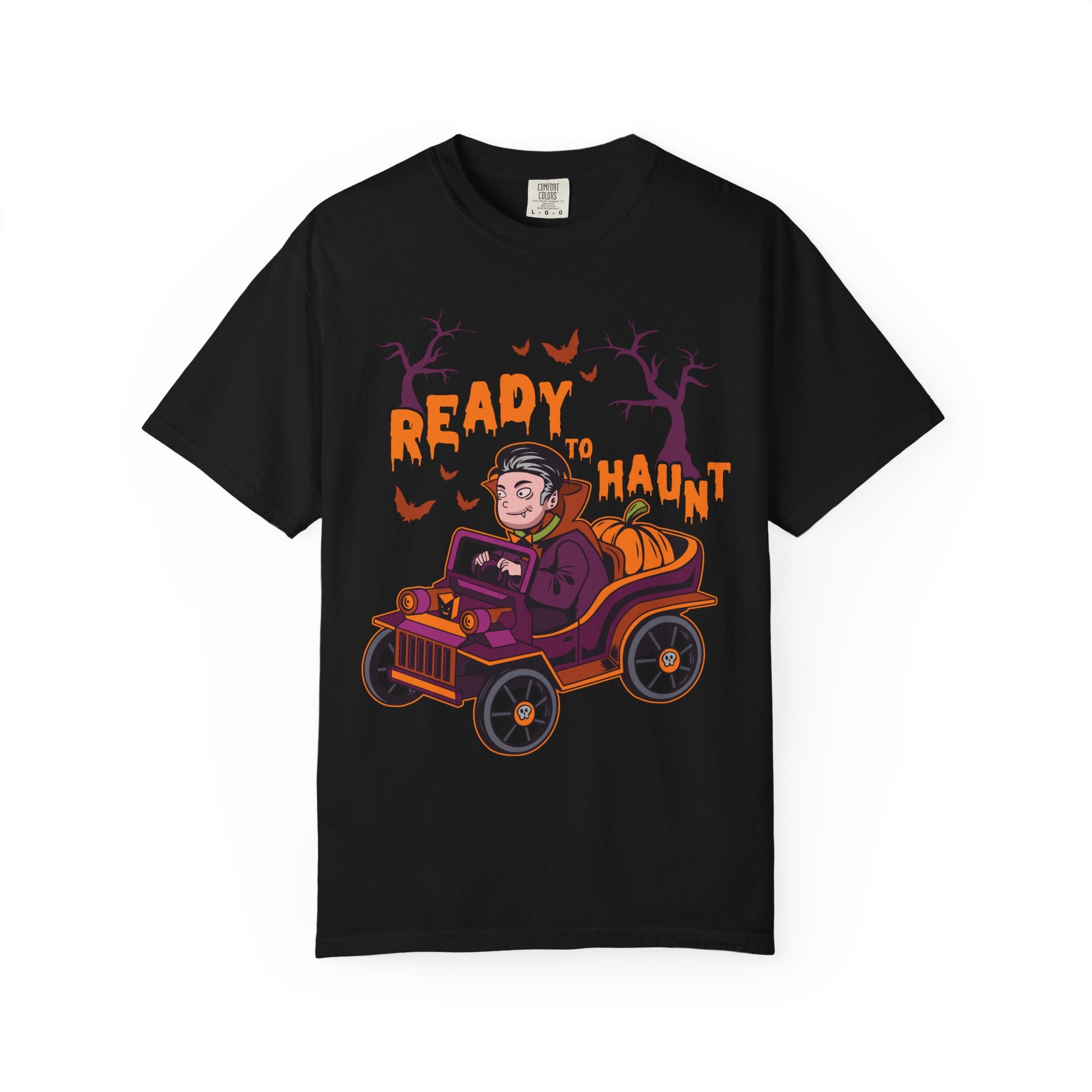 Black t-shirt with Halloween-themed graphic and text 'Ready to Haunt' on a white background