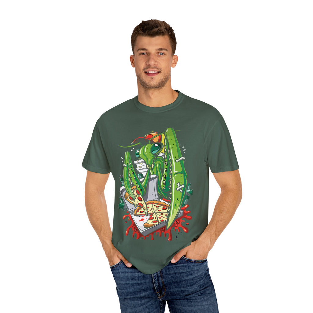 Green Praying Mantis Pizza Tee - Fun Graphic Shirt Design - Sinful Threads