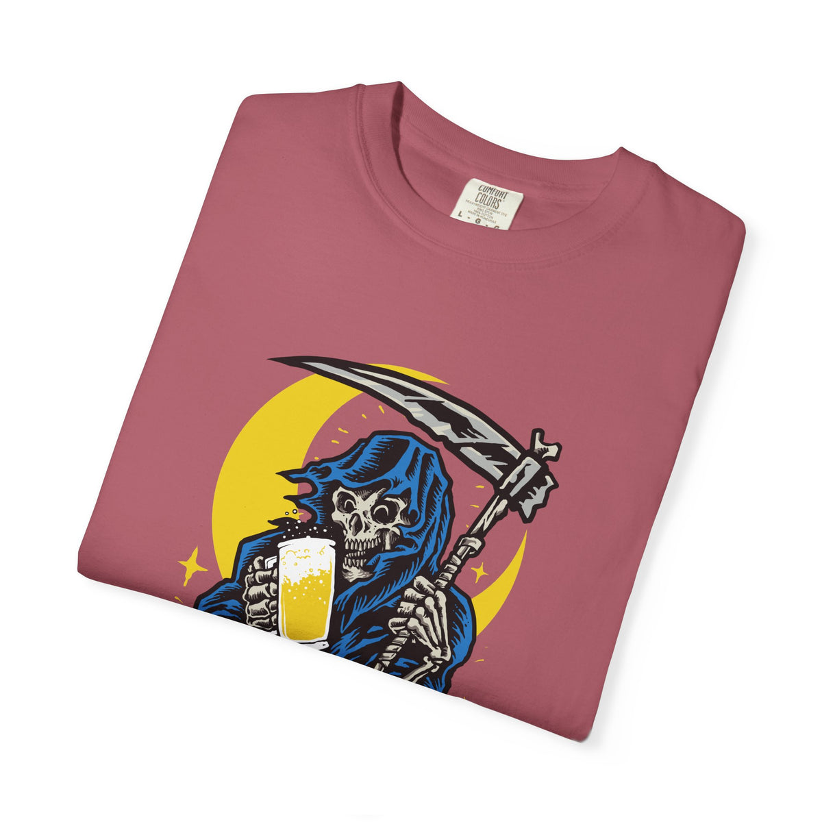 Death Drinks Beer Under The Moon Funny Graphic T-Shirt