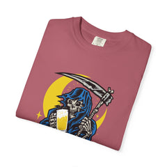 Death Drinks Beer Under The Moon Funny Graphic T-Shirt