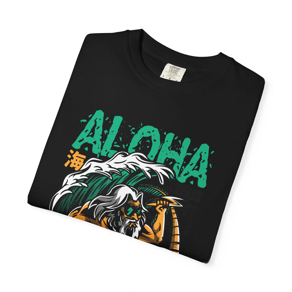 Zeus Surfing Illustration Graphic Design Aloha Text T-Shirt - Sinful Threads