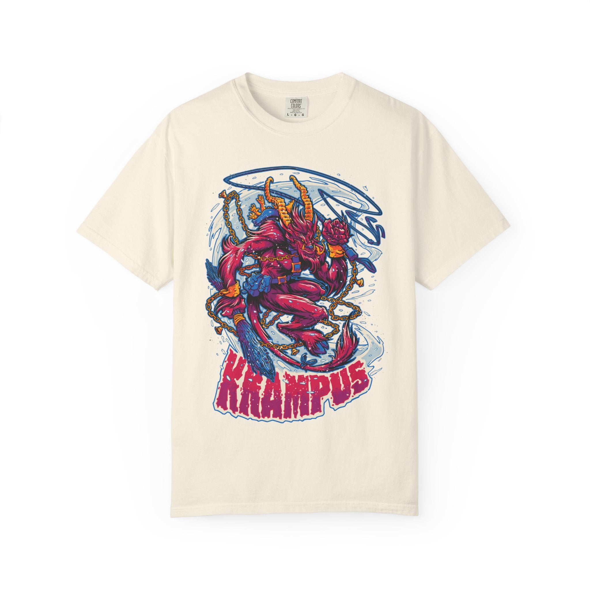 Beige t-shirt with a colorful krampus graphic design on a white background