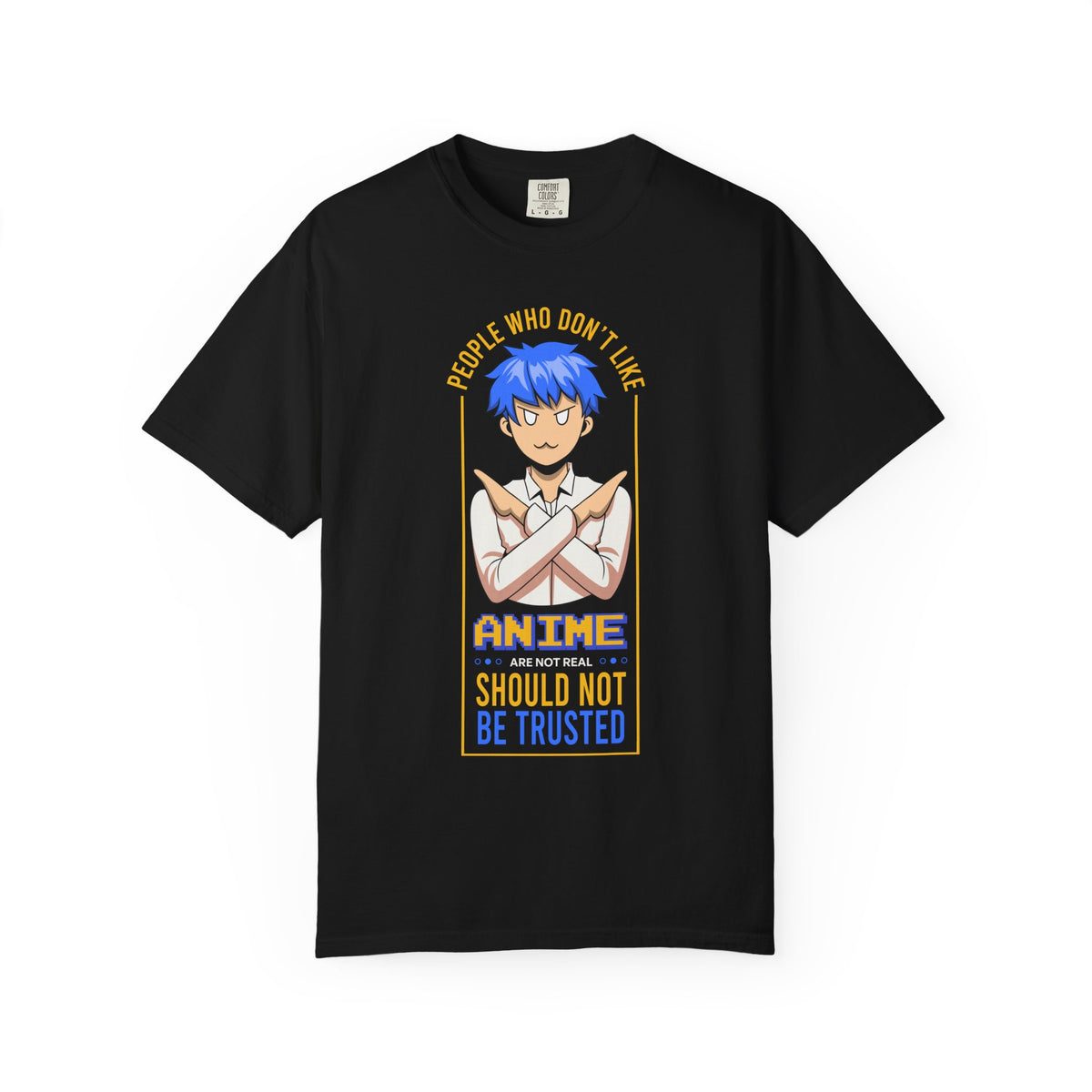 Black t-shirt with anime-themed graphic and text on a white background