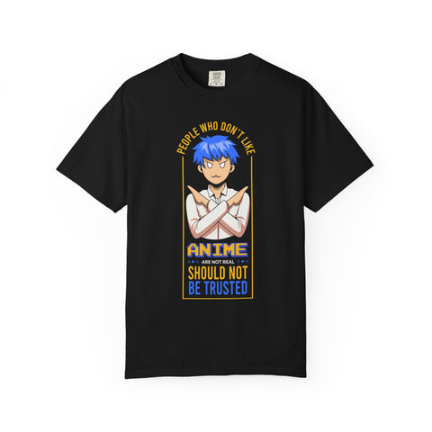Black t-shirt with anime-themed graphic and text on a white background