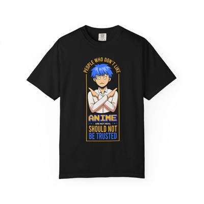 Black t-shirt with anime-themed graphic and text on a white background