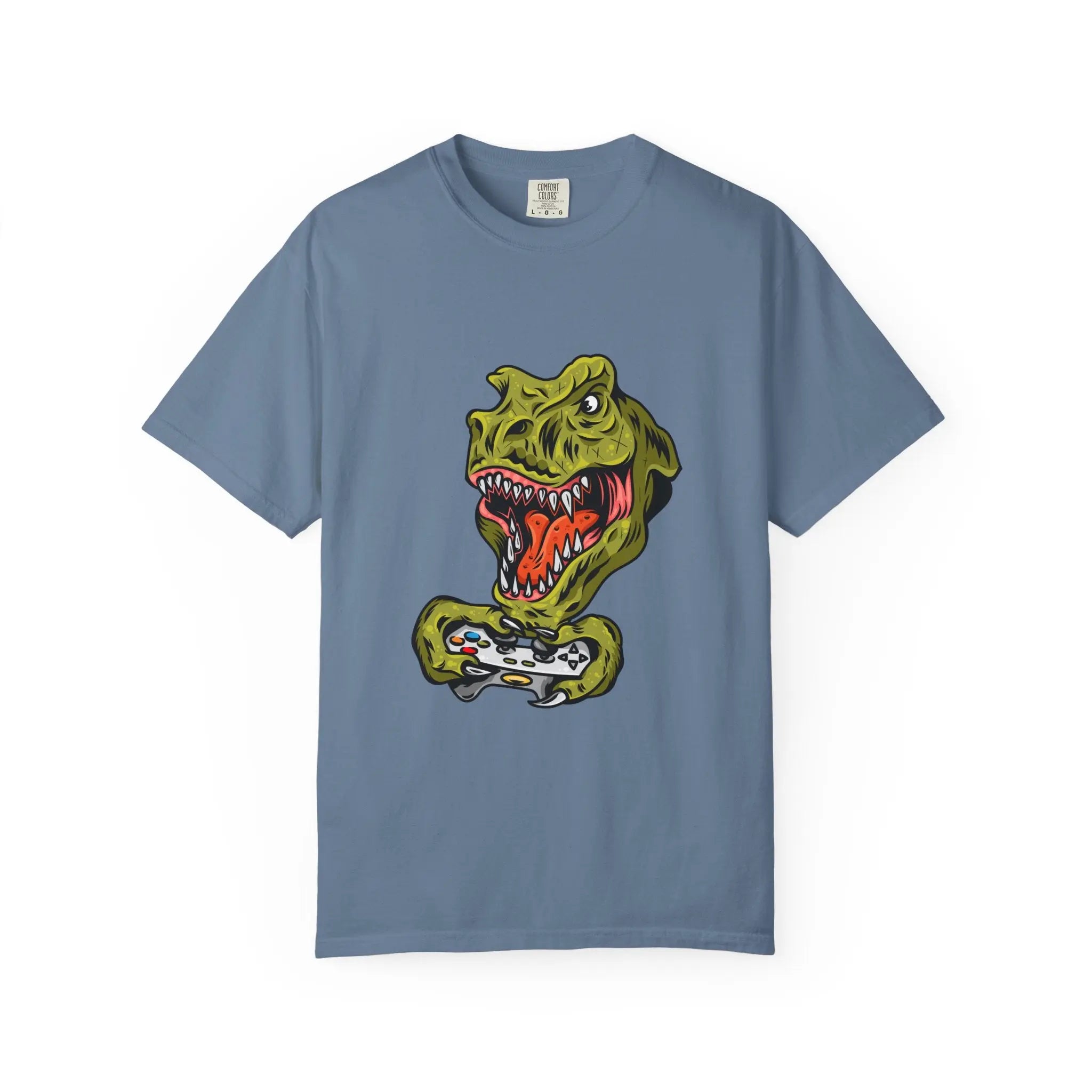 Dino Gamer Rex with Controller Video Game Fan T-Shirt - Sinful Threads