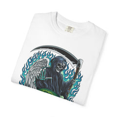 Grim Reaper Tee – Blue Flames Skull Gothic Death Shirt