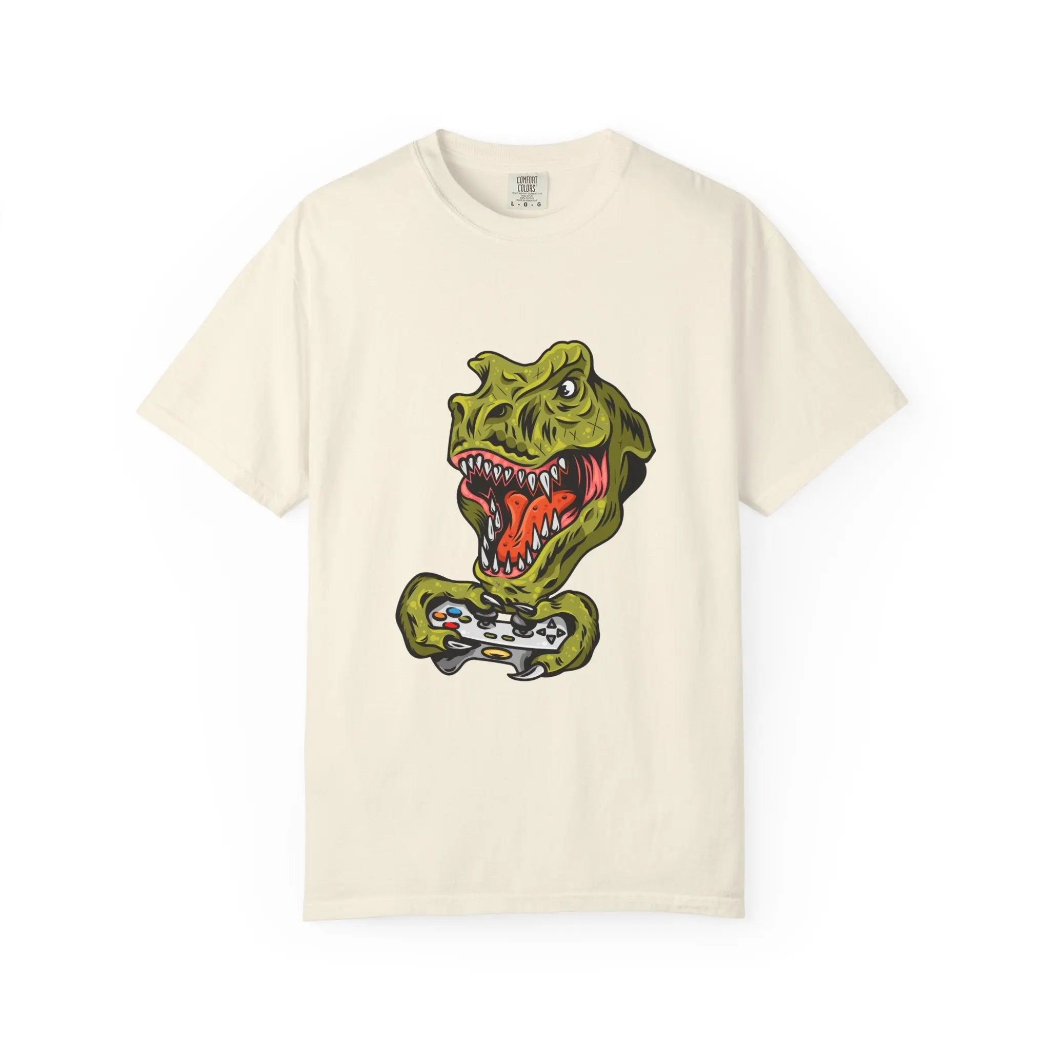 Dino Gamer Rex with Controller Video Game Fan T-Shirt - Sinful Threads