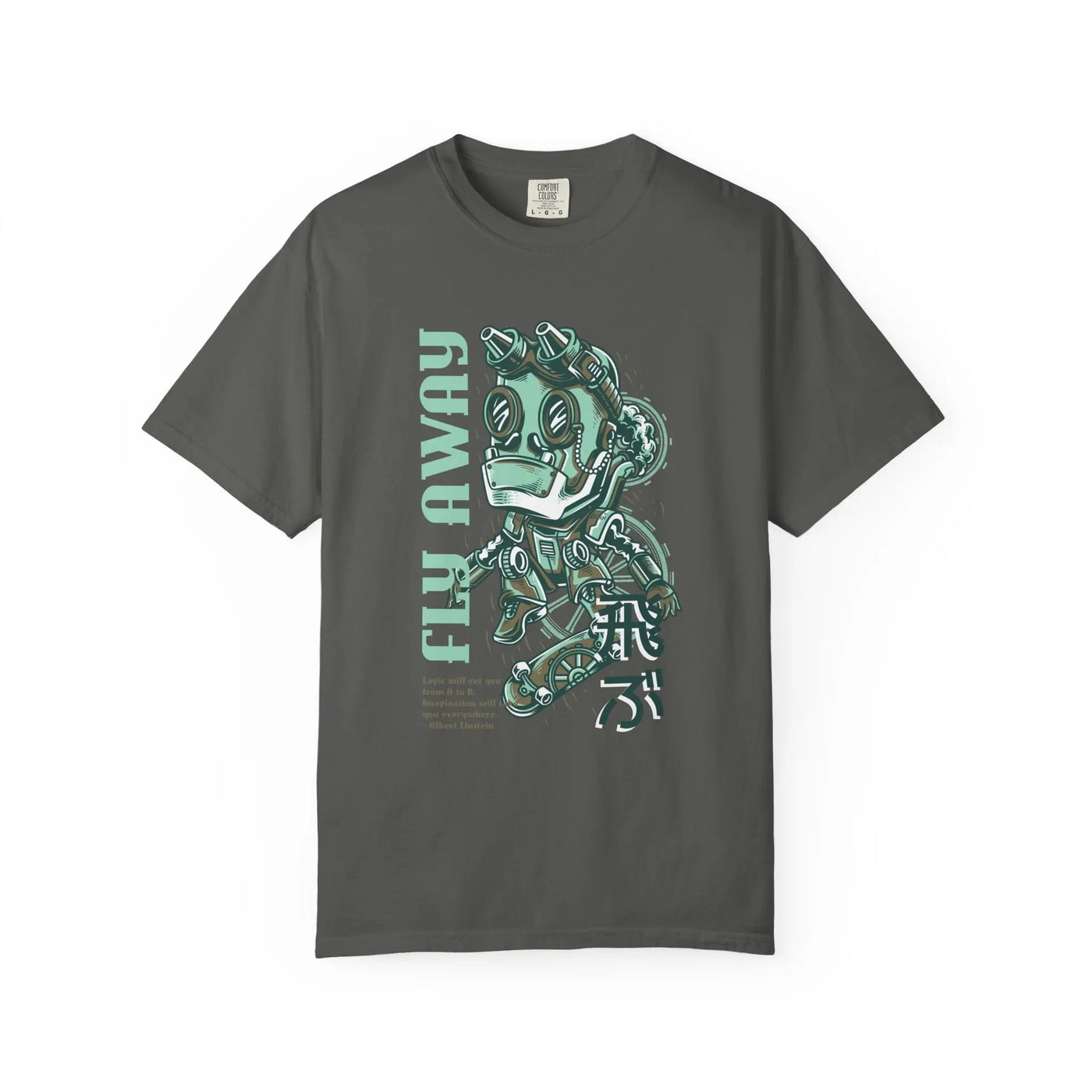 Fly Away Steampunk Robot With Japanese Text Design T-Shirt - Sinful Threads