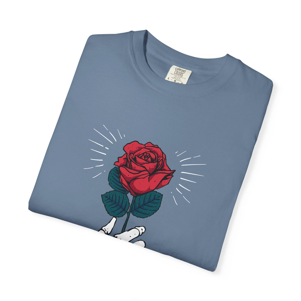Red Rose In a Skeletal Hand Unique Graphic T-Shirt - Sinful Threads