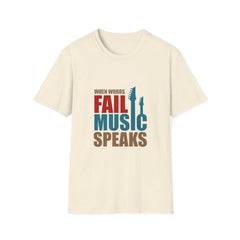 Beige t-shirt with 'When Words Fail Music Speaks' text and guitar graphics on a white background