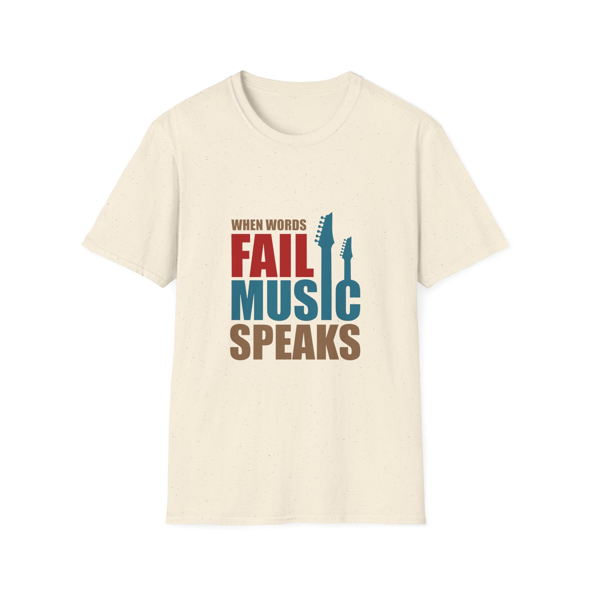 Beige t-shirt with 'When Words Fail Music Speaks' text and guitar graphics on a white background
