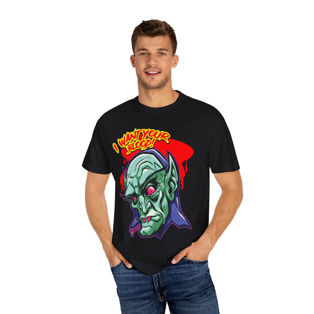 Dracula Cartoon Graphic Tee - I Want Blood Vampire Shirt - Sinful Threads