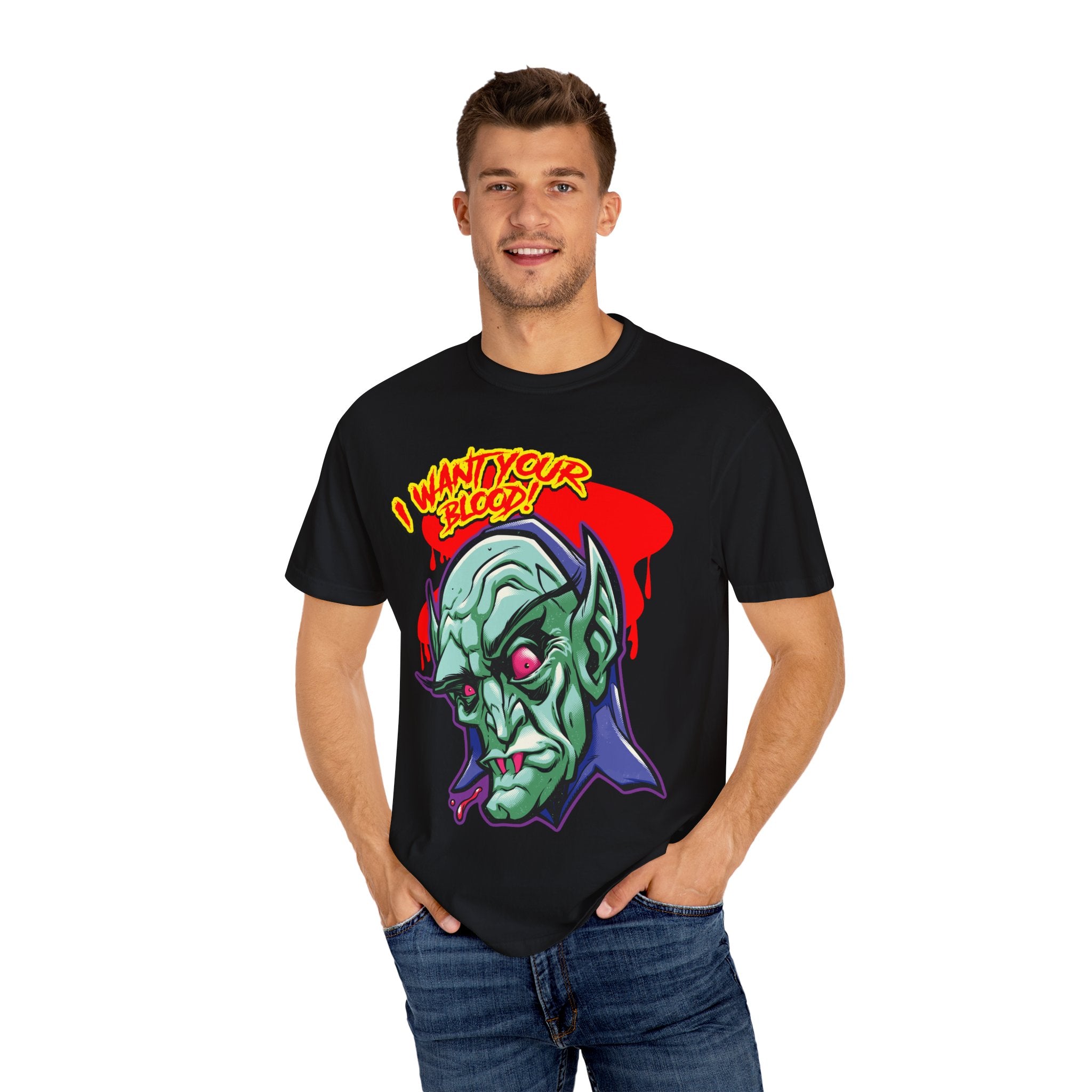 Dracula Cartoon Graphic Tee - I Want Blood Vampire Shirt - Sinful Threads