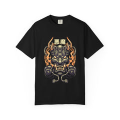 Black t-shirt with a dragon design and Chinese characters on a white background