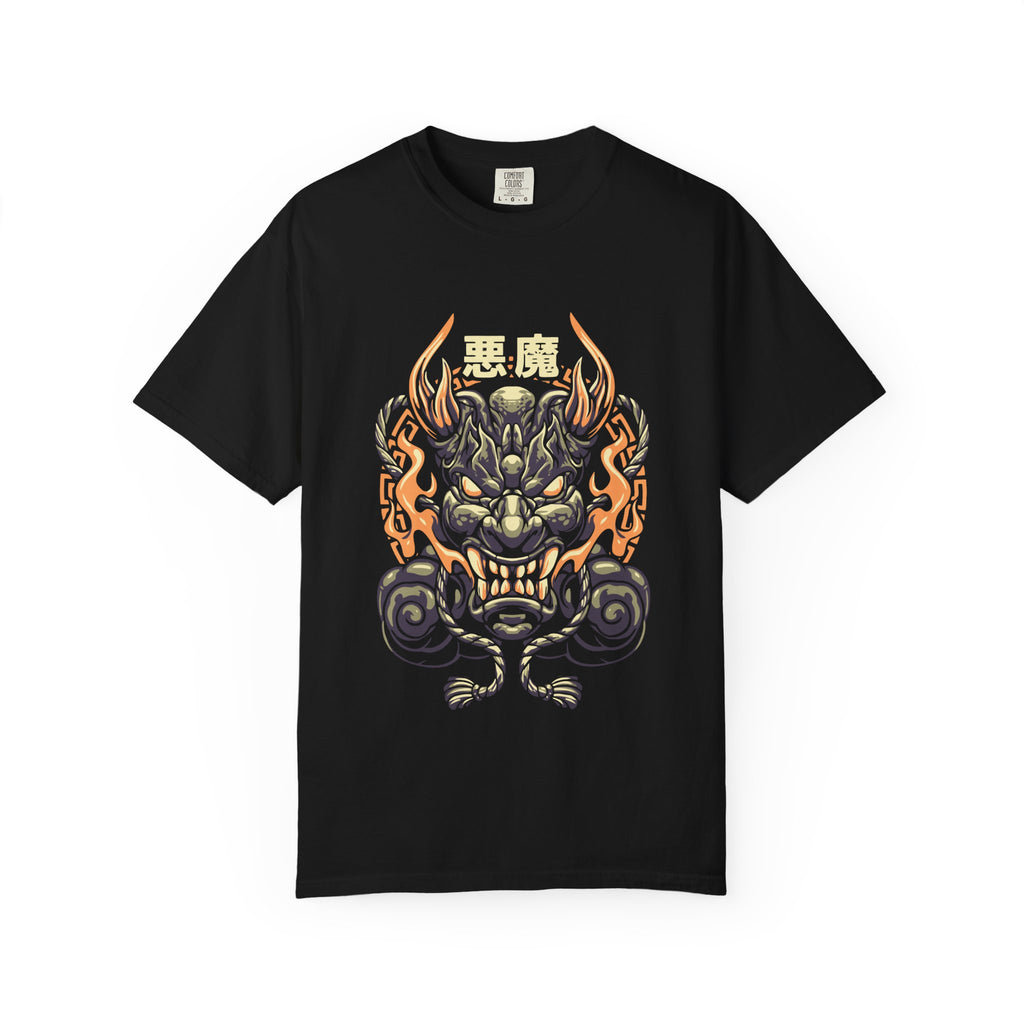 Black t-shirt with a dragon design and Chinese characters on a white background