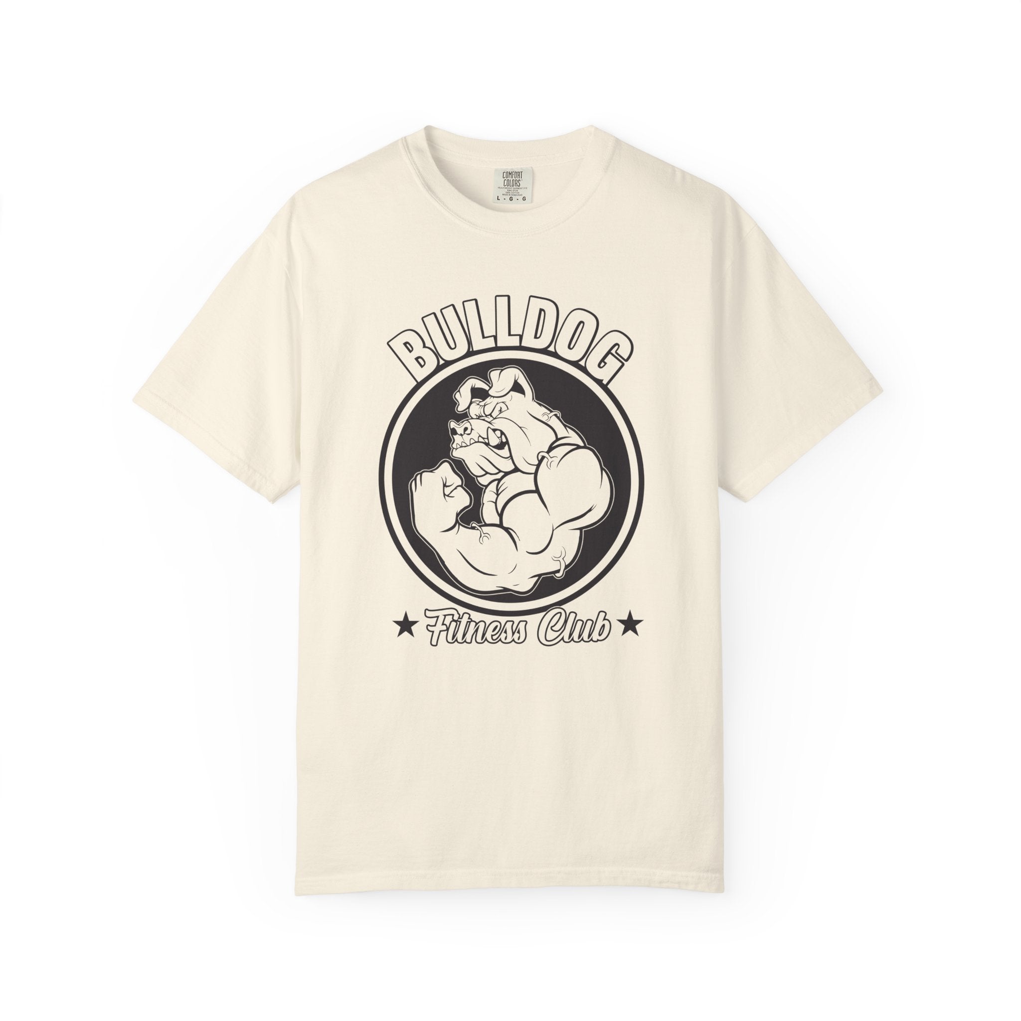 Beige t-shirt with a bulldog graphic and 'Bulldog Fitness Club' text on a white background