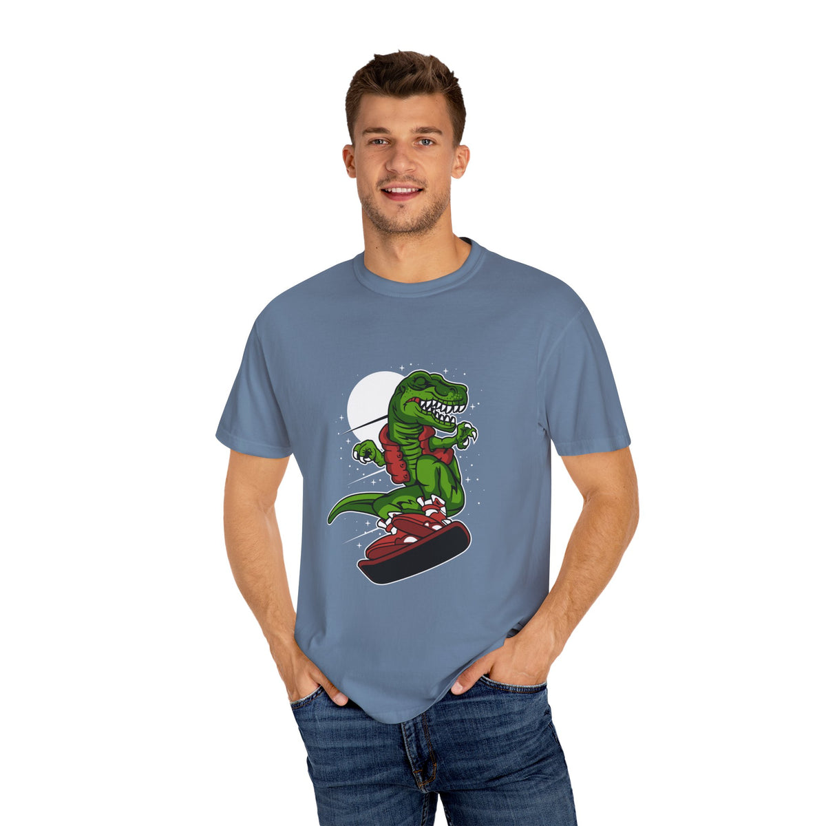 T-Rex Dinosaur on Snowboard Winter Sports Graphic T-Shirt