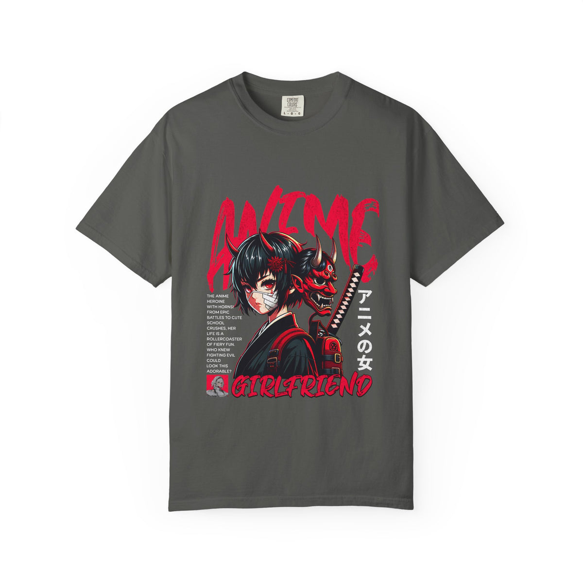 Gray t-shirt with anime-themed graphic design on a white background