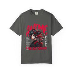 Gray t-shirt with anime-themed graphic design on a white background