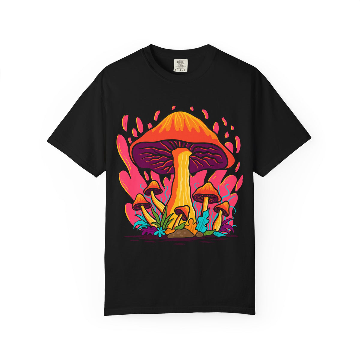 Black t-shirt with colorful mushroom design on a white background