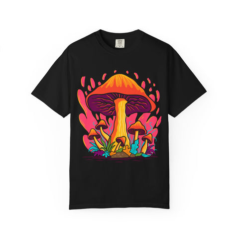 Black t-shirt with colorful mushroom design on a white background