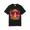 Black t-shirt with colorful mushroom design on a white background