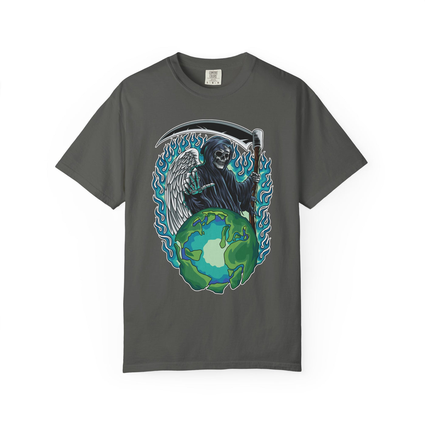 Grim Reaper Tee – Blue Flames Skull Gothic Death Shirt - Sinful Threads