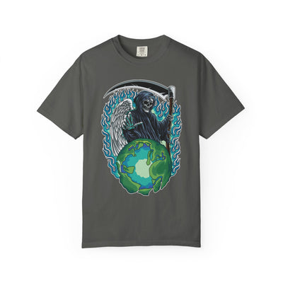 Grim Reaper Tee – Blue Flames Skull Gothic Death Shirt - Sinful Threads