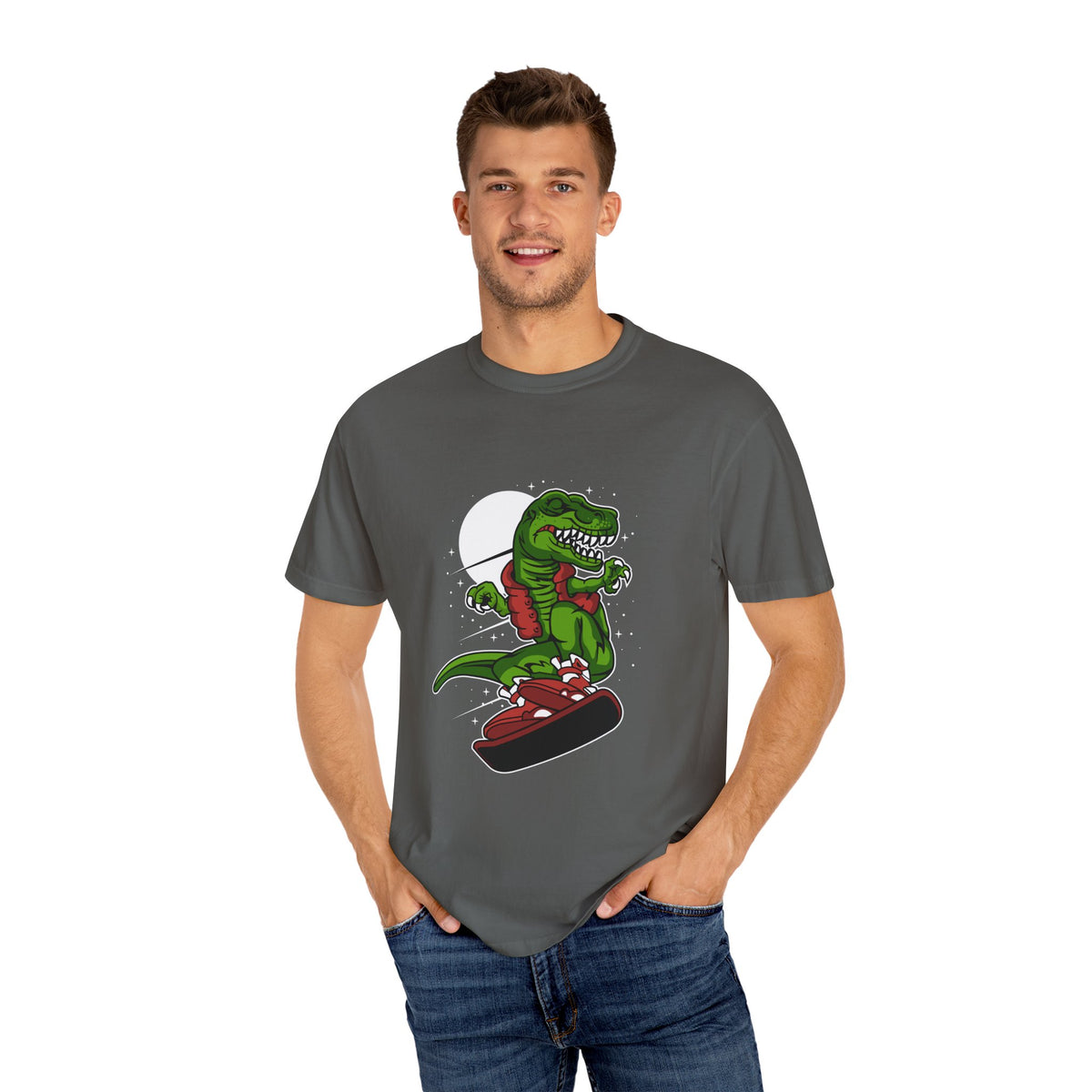 T-Rex Dinosaur on Snowboard Winter Sports Graphic T-Shirt