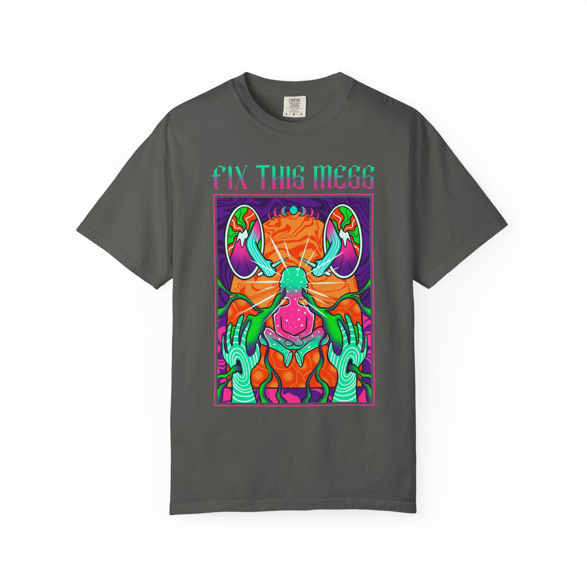 Gray t-shirt with colorful graphic design and 'FIX THIS MESS' text on a white background