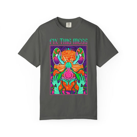 Gray t-shirt with colorful graphic design and 'FIX THIS MESS' text on a white background