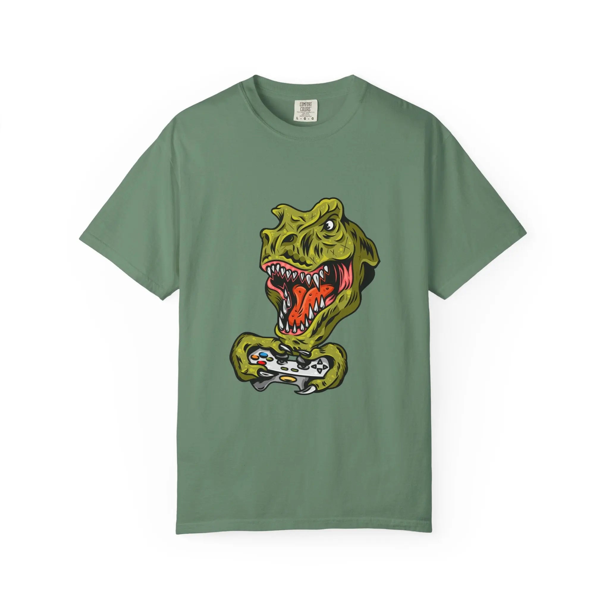 Dino Gamer Rex with Controller Video Game Fan T-Shirt - Sinful Threads