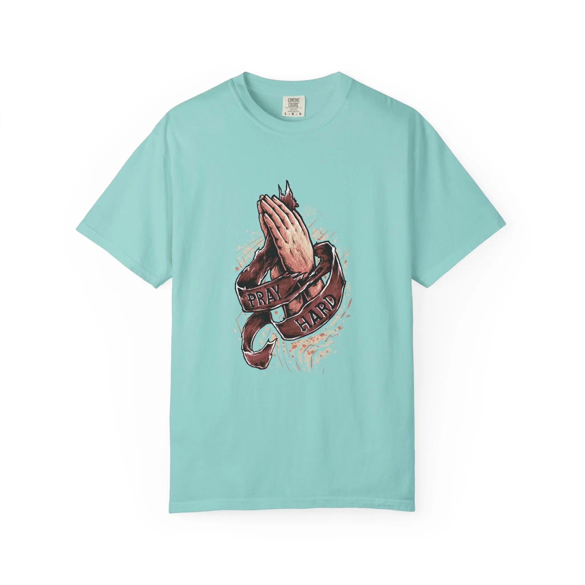 Pray Hard Hands With Ribbon Graphic Religious Art T-Shirt - Sinful Threads