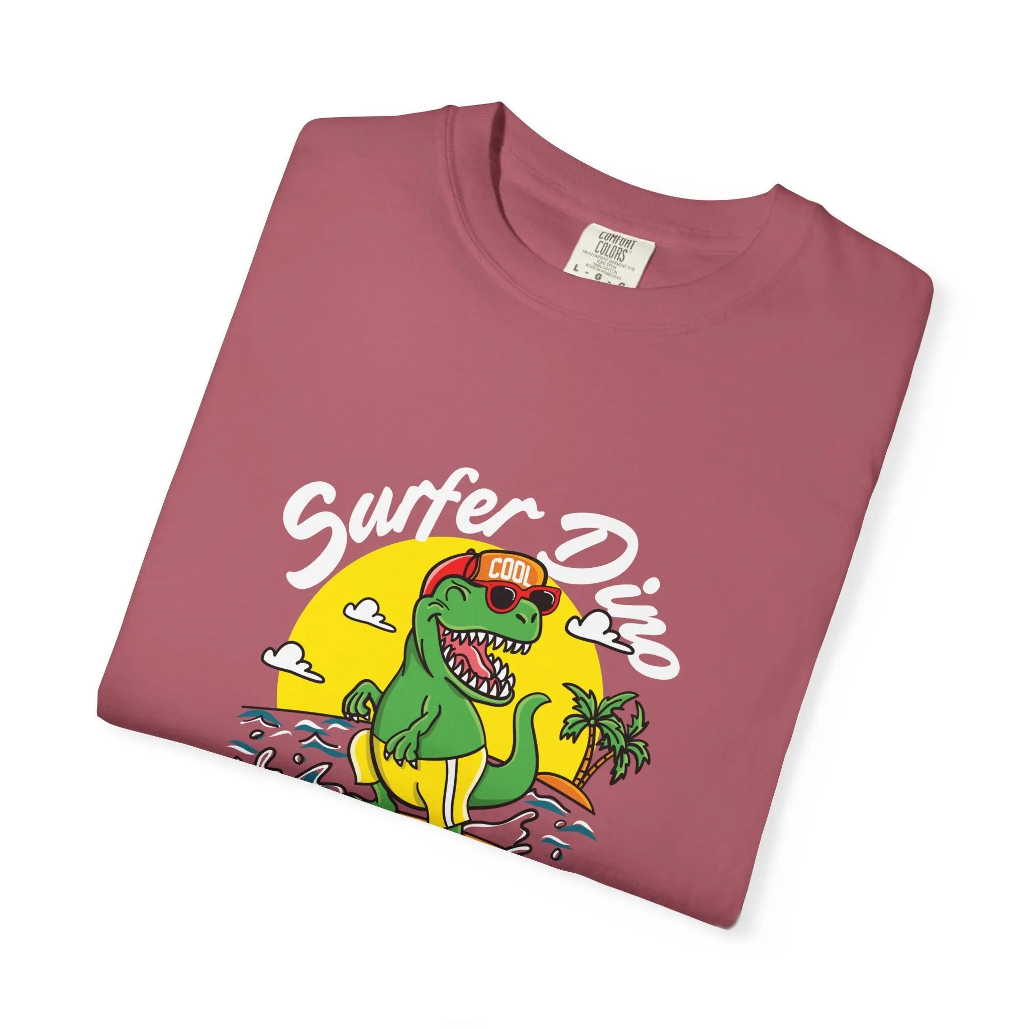 California Dream Surfing Dinosaur In Waves With Palm Tree Graphic T-Shirt - Sinful Threads